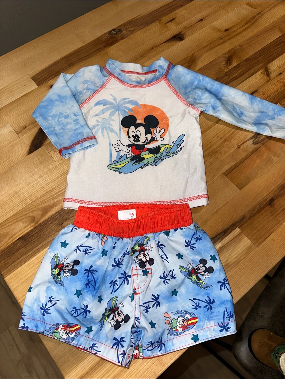 Disney Kids Surf Mickey Swim Trunks and Rash Guard in Blue, White & Red